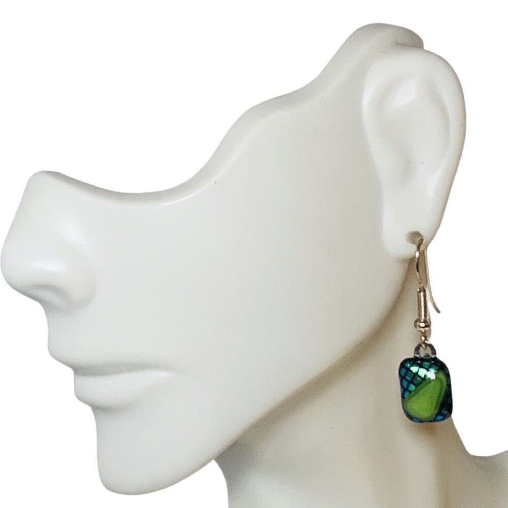 Artesian Dichroic Glass Dangle Earrings 1" Green & Blue Unique Murano Style - Picture 5 of 13
